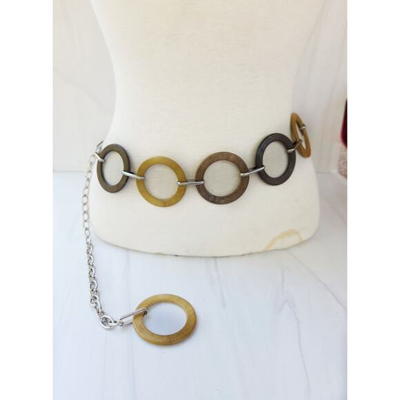 Vintage Wooden Circle Link Belt | Boho 70s Adjustable Chain Belt - Picture 3 of 6